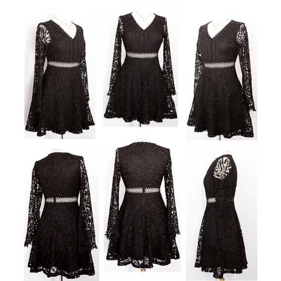 Black Crochet Lace Overlay Fit Flared Skater Dress - Picture 7 of 8